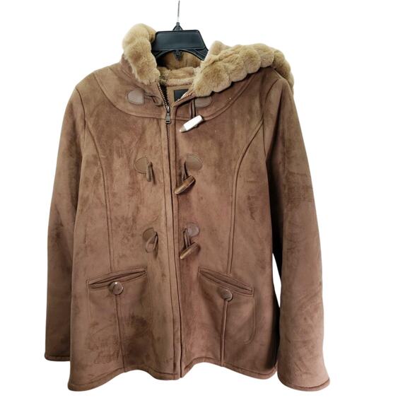 Braetan Faux Suede Faux Fur Toggle Coat – Hooded Retro Y2K Winter Jacket Medium - Picture 1 of 5